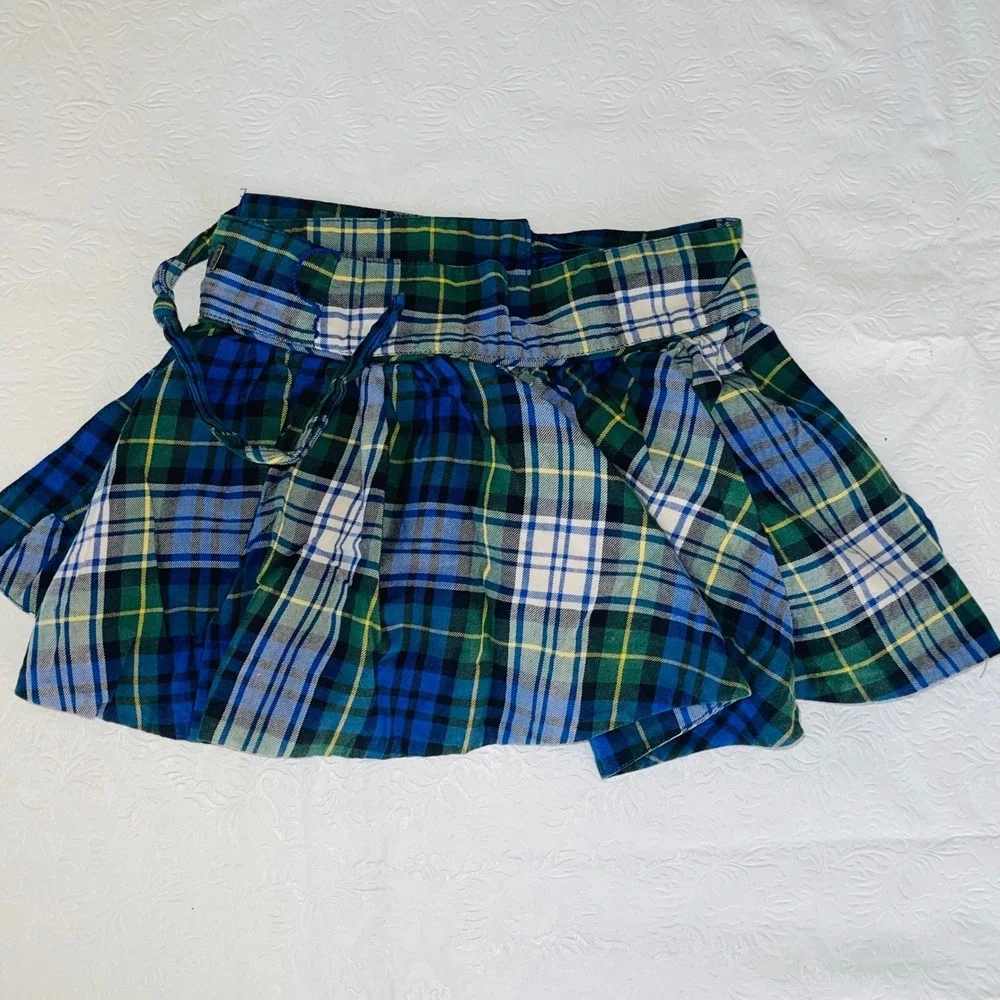 Ralph Lauren Toddler Girl Plaid Pleated Skirt 3T Blue Green Tie-Waist Preppy
